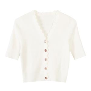 Cardigan en tricot fin uni pour femme, à boutons, coupe courte, manches courtes, style décontracté d'été - Product Image 1