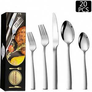20Pcs Cutlery <b>Set</b> <b>Square</b> Handle Stainless Steel Spoon Fork Dinner Knife Silverware <b>Set</b> Flatware Party Gift Tableware - Product Image 2