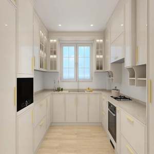 Armoires de cuisine personnalisées blanc mat - Design en panneaux mélaminés avec quincaillerie dorée, ensemble de meubles de cuisine élégant - Product Image 6