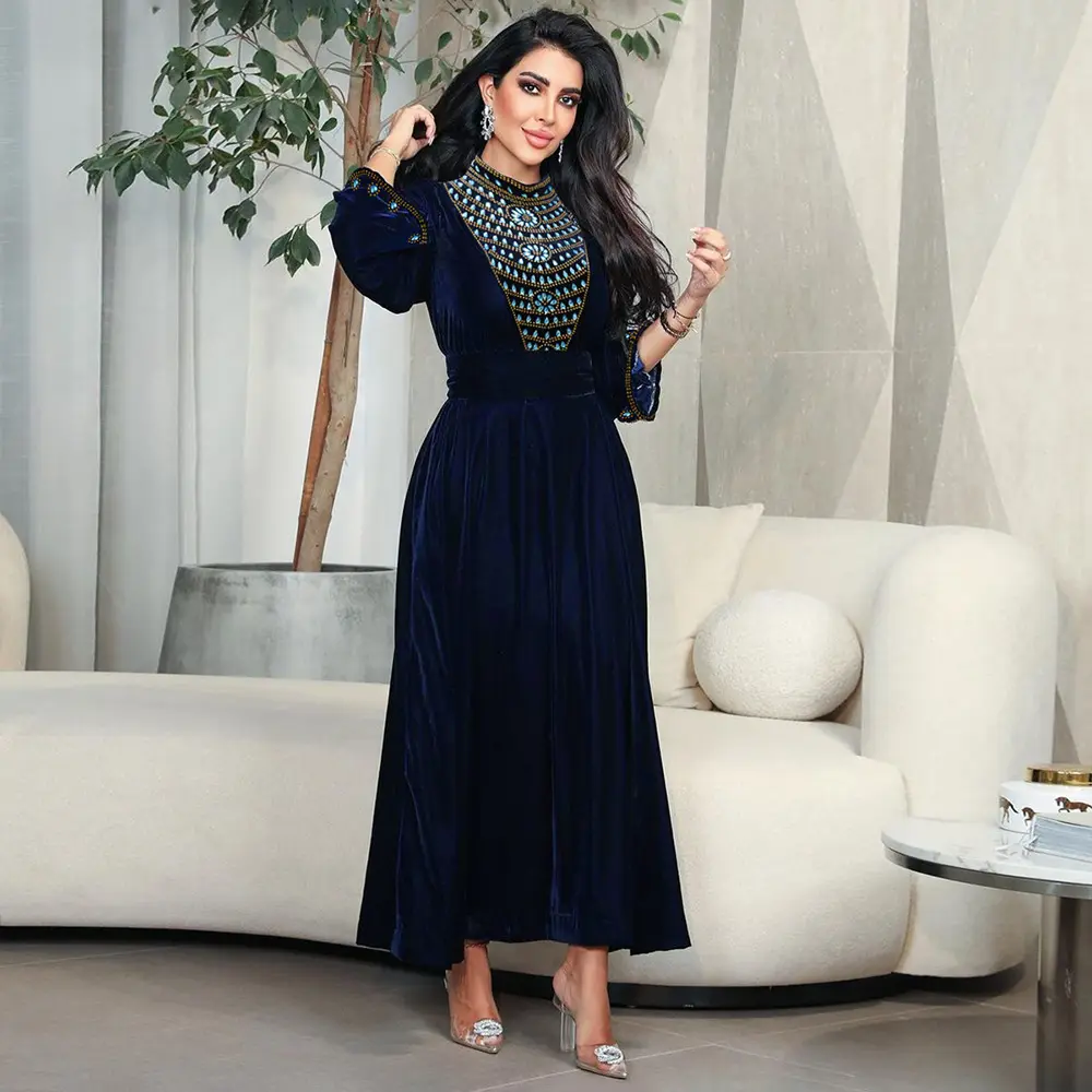 618 бархатная ткань с длинным рукавом Арабская мусульманская женская модная вечерняя одежда темно-синего цвета с вышивкой кафтанов