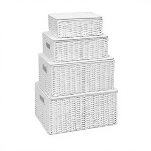 Brown <b>Rectangular</b> Sedge <b>Storage</b> <b>Baskets</b> with Lids and Handles Stackable Nesting Design Nordic Style Multi-Purpose Organizers - Product Image 1