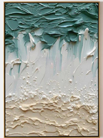 Peinture 3D texturée à l'huile de paysage de plage, grande toile abstraite lavable turquoise, art mural côtier vague blanche