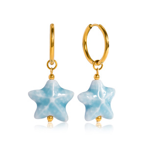 Starfish Pendant Earrings Blue Ceramic Gold Hoop Women's Everyday Wear - Product Image 5