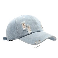 Casquette de baseball en jean délavé et vieilli, non structurée, à six panneaux, souple, style « Dad Hat », avec anneaux métalliques argentés, ajustable, vente en gros