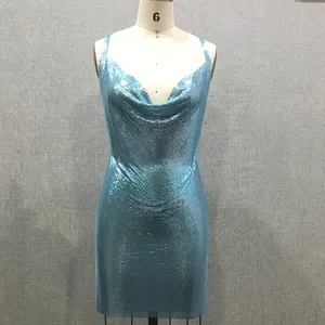 New Design Blue Shiny Metal Mesh Dress For Party