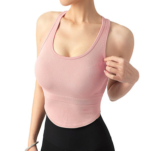 Yoga <b>Vest</b> With Fixed Cup <b>Padded</b> Bra <b>Top</b> Scoop Neck Ribbed Solid Color Women Summer 2024 Fitness Wear - Product Image 5