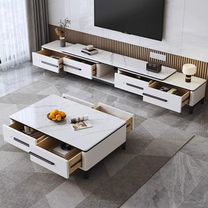 Meuble TV et <span class=keywords><strong>Table</strong></span> Basse de Salon Flottants en Marbre et Bois, Qualité Luxe Moderne, Rétractables avec Rangement, Dernier Design - Product Image 2