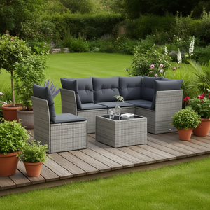 6 Piece Grey Pe <b>Rattan</b> Modular Garden <b>Sofa</b> Set Outdoor Furniture With Black Cushions For Patio Decking - Product Image 2