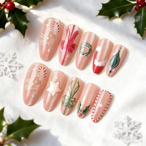 Lot <span class=keywords><strong>de</strong></span> 24 faux ongles en ABS à presser, motif Noël (amande, œil <span class=keywords><strong>de</strong></span> chat), avec motifs étoiles, couronne et chapeau <span class=keywords><strong>de</strong></span> Noël, <span class=keywords><strong>manucure</strong></span> française haut <span class=keywords><strong>de</strong></span> gamme pour les doigts - Product Image 2