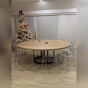 Modern Round Walnut <b>Dining</b> <b>Table</b> With Metal Base Solid Wood <b>Top</b> Stable Design For Home Furniture Customizable Size - Product Image 5