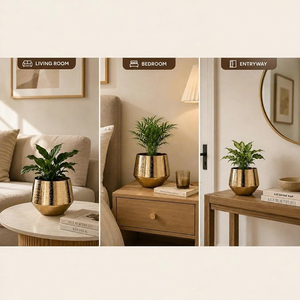 Maceta Moderna de Lujo, Metálica Dorada, con Acabado Martillado, Redonda, para Plantas Verdes de Interior, para Escritorio - Product Image 4