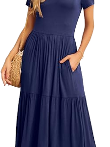Robe longue d'été décontractée pour femme, à manches courtes, col rond, coupe trapèze plissée, ample avec poches, couleur unie, taille élastique - Product Image 1
