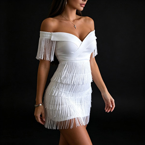 Robe moulante sans manches pour femme, tenue de soirée, été, franges, robe blanche - Product Image 3
