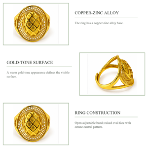 Geometric Cocktail <b>Ring</b> 10K <b>Gold</b> Plated Modern Unisex Fashion <b>Ring</b> With Oval Grid Pattern Party Jewelry - Product Image 3