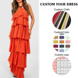 Custom Nieuwe Hot Selling Vrouwen Chiffon Jurk Oranje Mouwloze V-Hals Stropdas Maxi Jurk Zomer Jurken Vrouwen Casual