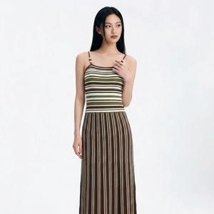 Robe d'été décontractée en tricot ajouré personnalisée, ensemble débardeur et jupe longue, palette vert-marron-moutarde pour femme - Product Image 4