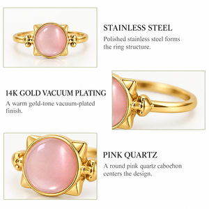 Anillo de Cuarzo Rosa, Acero Inoxidable, Chapado en Oro de 14K al Vacío, Cabujón Redondo, Anillo Geométrico - Product Image 3