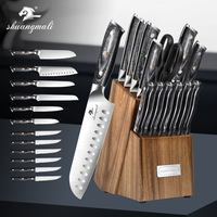 Ensemble de 15 couteaux de cuisine en acier 30Cr13 avec manche gris et ciseaux, affûtés à la main, qualité export, pour la cuisine domestique, idéal comme cadeau