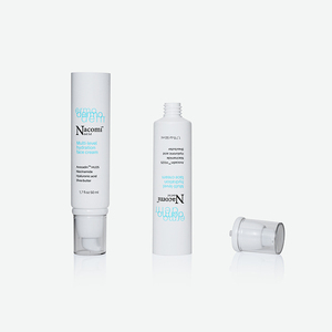 Tubo Cosmético de Plástico Blanco Nacomi de 1.7 oz 50 ml con Tapa de Bomba, Acabado Mate, Impresión Offset y Etiquetado - Product Image 1