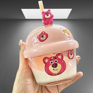 Tazza in Vetro a Forma di Orso Fragola, con Cannuccia Spessa, Antigoccia, Sigillata, Mini Tazza Carina per Bambini, per Colazione, Latte, Souvenir - Product Image 3