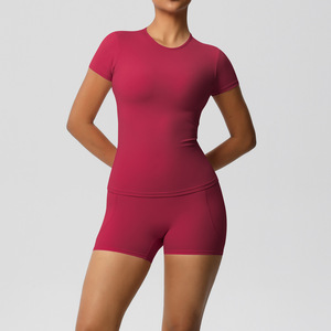 Ropa de gimnasia personalizada y mallas de bolsillo ajustadas, manga corta cepillada suave para yoga y deportes, conjuntos altos, conjunto de 2 piezas, Spandex/nailon - Product Image 2