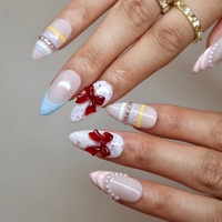 Faux ongles à presser mignons, faits main en acrylique, avec nœud rouge 3D, perles et confettis, personnalisables, vente en gros, pour rendez-vous et thé de l'après-midi