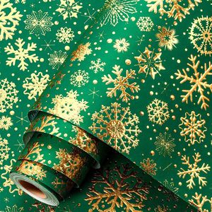 Green Christmas Wrapping Paper Roll 17in x 32.8ft Gold Foil Snowflakes Gift <b>Wrap</b> for Holiday Crafting - Product Image 1