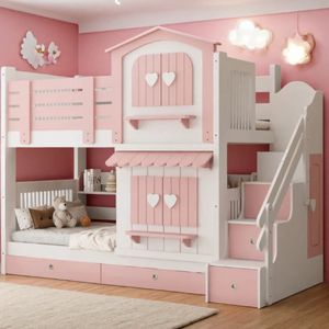 Cama Infantil Personalizada JINS de MDF con Tobogán, Cama Superior e Inferior, Diseño de Castillo de Princesa Rosa, Cama Tipo Casa de Árbol para Dormitorio, Cómoda - Product Image 6