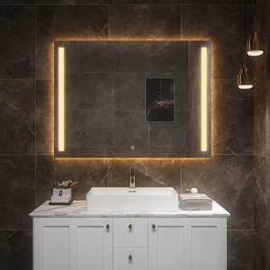 Miroir de salle de bain mural décoratif anti-buée de style moderne illuminé par LED IP44 avec design graphique - Product Image 1
