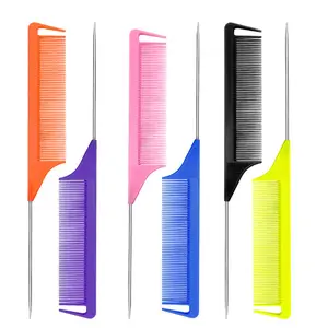 2024 Colorful Fine-Tooth Comb Metal Pin Anti-Static Hair Style Rat Tail Comb Hair Salon Professional Combs