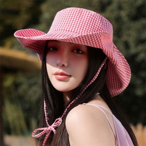 Women's Korean Style Plaid Fisherman Sun Hat with Wide Brim Lace-up Outdoor Mountaineering Summer Travel <b>Sunscreen</b> Hat - Product Image 4