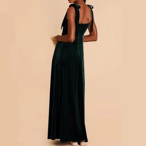 Vestido largo de terciopelo elegante personalizado con cuello cuadrado, sin mangas, con abertura, tirantes, sin espalda y color liso para mujer - Product Image 6