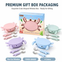 Assiette cuillère fourchette en silicone en forme de crabe de dessin animé mignon ensemble vaisselle d'aspiration sans BPA de qualité alimentaire pour enfants et tout-petits sevrage