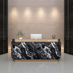 Mostrador de Recepción Curvo en Oferta, Barra de Bar Lacada con Aspecto de Mármol para Vestíbulo de Hotel, Estación de Caja de Acero Inoxidable - Product Image 5