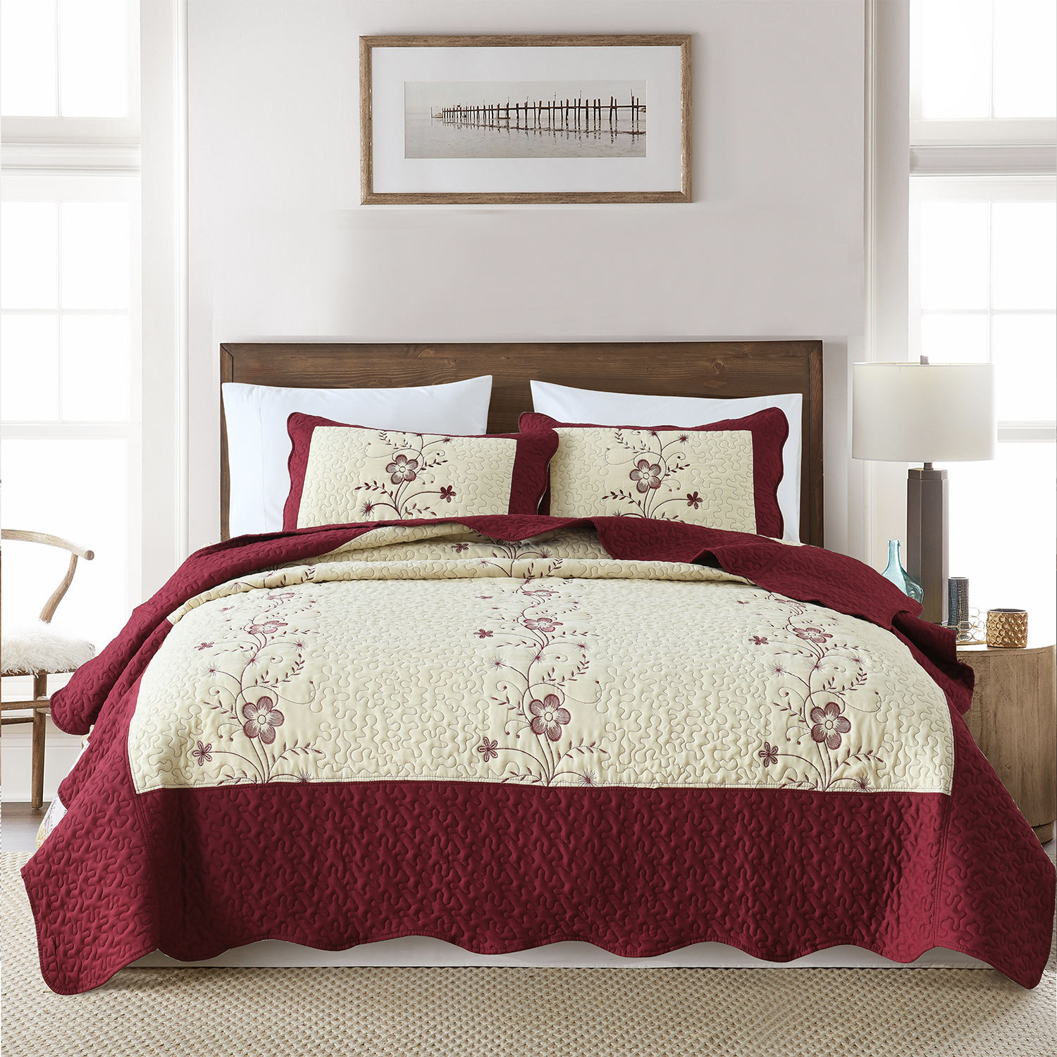 Luxury Burgundy Microfiber Comforter Set - Embroidered Quilted Bedspread  for Queen/King Size | All-Season Bedding, image size:1500x1500