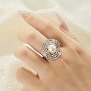 Geometric Pearl Zircon <b>Open</b> <b>Ring</b> Pave Setting Copper Plated Gold Index Finger Party Jewelry - Product Image 2