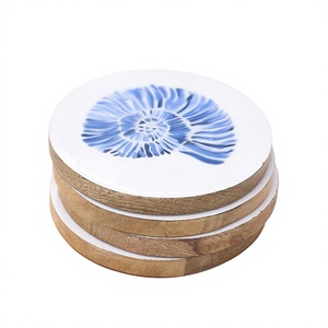 <b>Round</b> Wooden Coasters <b>Set</b> of <b>4</b> with Blue Floral Design Non-Slip Modern <b>Table</b> Mats - Product Image 1