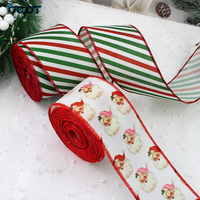 Ruban de Noël vintage avec bordure filée, motif Père Noël, rayures diagonales rouge, vert et blanc, en tissu, pour couronnes, nœuds et emballages cadeaux de Noël