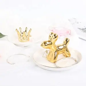 Balloon Dog Gold Ceramic Jewelry Tray Trinket Dish Interior Hone Decoration