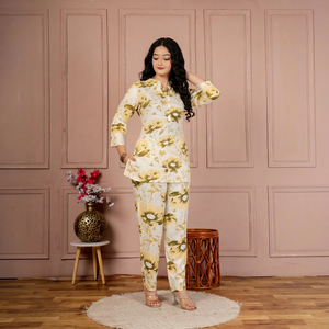 Floral Printed <b>Kurta</b> Pant Set for <b>Women</b> Cream Yellow Ethnic Wear Sleeve Straight Kurti Matching Bottom for Daily Casual - Product Image 1