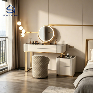 Luxury Gold Fluted Vanity <strong>Table</strong> Set with Dimmable LED Mirror and Storage Cabinet - Product Image 4