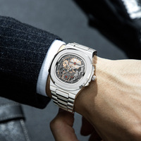 Reloj de Pulsera de Lujo para Hombre, Mecánico Automático, Esqueleto, con Caja Acolchada, Esfera con Diseño Abierto, Índices de Barra y Brazalete Integrado