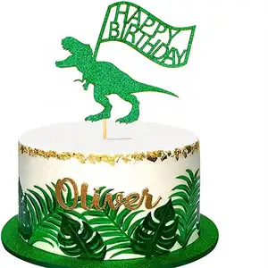 Wholesale Dinosaur Jungle Theme Shine Green Glitter Cake Topper Happy Birthday Party Paper Decorations For Kids X0271