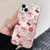 Funda Protectora para Teléfono Móvil con Estampado de Labios y Lazo de Cereza, Diseño de Seda Plateada para iPhone 8 X Xr Xs Max 11 12 13 14 15 16 17 Air