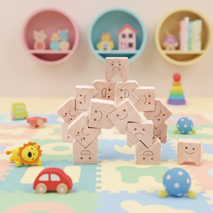 Ensemble de blocs de construction en bois Runwood avec émoticônes mignonnes, jouet éducatif en bois de hêtre gravé au laser avec expressions faciales - Product Image 2