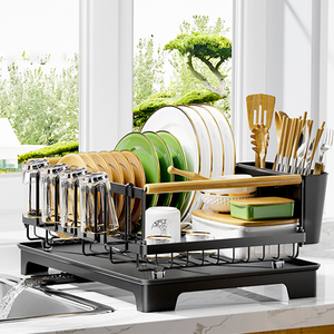 Organizador de utensilios de <span class=keywords><strong>cocina</strong></span> negro de tendencia Simple extraíble, bandeja para cubiertos, escurridores de platos, estante de secado de platos con bandeja de goteo - Product Image 6