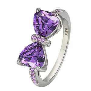 2023 Amethyst Ring Bow tie Shape Purple Zircon Crystal Ring for Women Jewelry Romantic Gifts