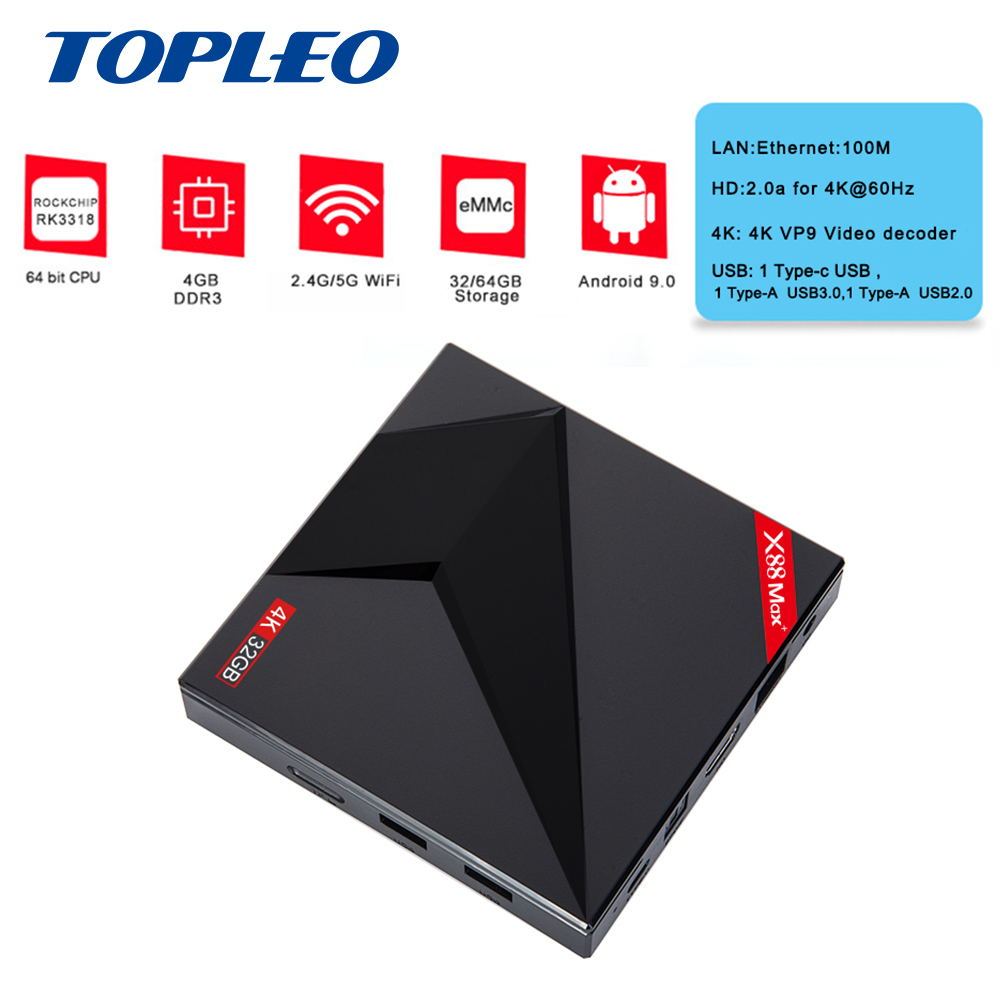 1 Tipo-c USB X88 MAX + RK3318 ram 4 GB rom EMMC 64 GB 4 k hdd mundo receptor de tv player android 9,0 set top tv box