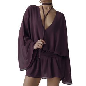 Vestido Camisero de Verano para Mujer, Personalizado por el Fabricante, de Chifón Plisado, Holgado, de Manga Larga y Escote Profundo en V - Product Image 3