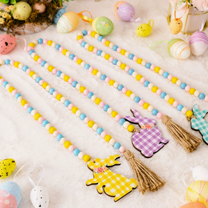 DAMAI Wholesale <b>Easter</b> Decor Wooden <b>Ornaments</b> Plaid Printed Rabbit Hanging With Colorful Beads for Home Party Mall Supplies - Product Image 4
